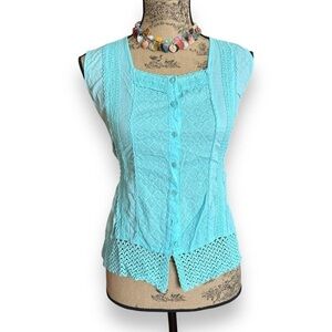 Turquoise Blue Crochet & Lace Sleeveless Button-up Top